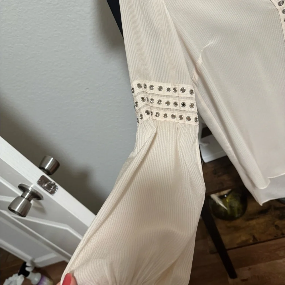 Veronica Beard Silk Blouse Cream Studded Trim Long Sleeve Boho Top - Picture 9 of 11